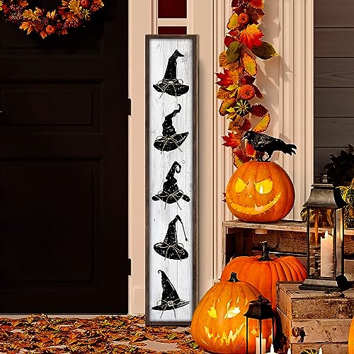 Halloween Welcome Sign for Front Door Standing, Witch Hat Wooden Porch Sign for Front Porch Decorations, Trick or Treat Vertical Hanging Wall Signs Tall Welcome Sign for Halloween Home Decor 47.2"H