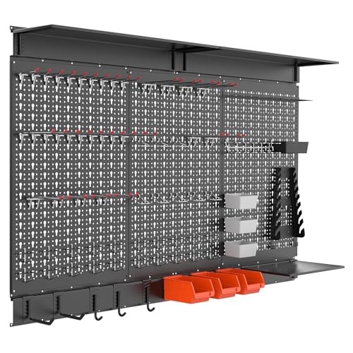 WALMANN 113PCS Pegboard Wall Organizer Kit with Pegboard Hooks, Bins, Shelves, Pegboard Tools Storage System for Garage, Workbench, Modular Peg Board Tool Organizer Board with Hooks(Black)