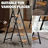 5 Step Ladder, Lightweight Folding Step Stool with Anti-Slip Aluminum Wide Pedal& Convenient Handgrip, 330lbs Capacity Steel Ladder for Household and Office (Black&Woodgrain)