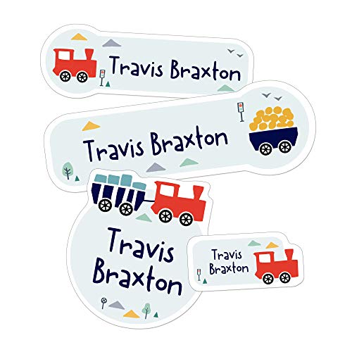 Custom Name Labels for Boys – Waterproof Personalized Stickers for Daycare, School & Summer Camp – No Iron Needed – Diverse Sizes for Bottles, Backpacks, Shoes & More – 90 Ct & 180 Ct (Train Design)