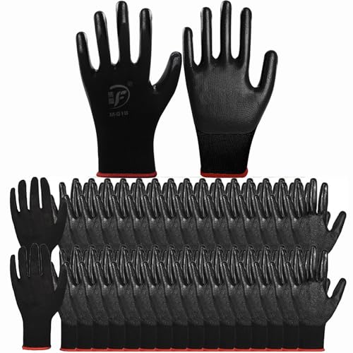 KZU 72 Pairs Gardening Work Gloves Bulk, Multipack Rubber Coated Glove, Nylon Gloves for Garden Safety Construction, Black Breathable Gloves for Men Women, 9.25 in