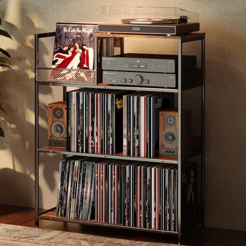 Huxitocan 4 Tier Large Record Player Stand, Holds Up to 380-450 Albums Turntable Stand with 4 Adjustable Divider Vinyl Record Cabinet Turntable Stand for Albums DVD Shelf Books Magazines Files