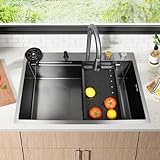 Waterfall Kitchen Sink,33x22 Drop-in Kitchen Sink,Single Bowl Stainless Steel Kitchen Sink,Modern kitchen sink,Workstation kitchen sink With Multifunction Pull-out Faucet and Various Accessories