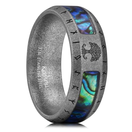 King Will Unique Titanium Men Wedding Band Ring - Etched Tree of Life Rune Design and Abalone Shell Inlay, 8mm Titanium Men Ring Vintage Steel Finish, Hypoallergenic Men Ring Comfort Fit Size 11