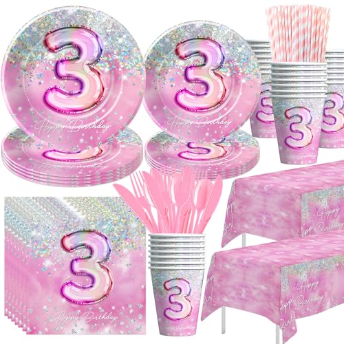 HIPVVILD Pink 3rd Birthday Decorations Tableware, Girl Third Birthday Party Supplies, Plate, Cup, Napkin, Tablecloth, Cutlery, Glitter Diamond 3-Year-Old Table Decorations, Serves 24
