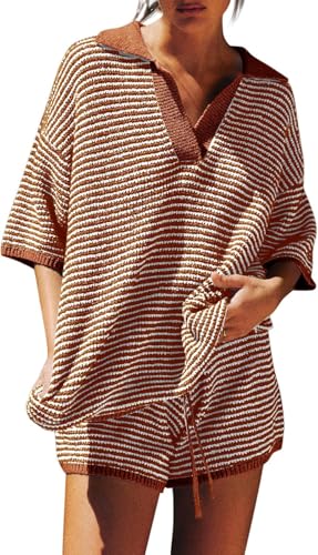 Tankaneo Womens Sweater Set 2 Piece Outfits Oversized 3/4 Sleeve V Neck Knit Tops High Waisted Shorts Lounge Sets