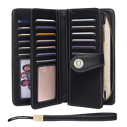 FALAN MULE Women's Wallet Leather RFID Blocking Large Capacity Trifold Ladies Wallet Wristlet Clutch Card Holder