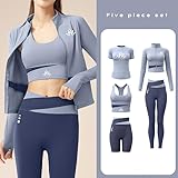 Oceira Women Activewear Gymwear Yoga Suit Athleisure Five Piece Set, T-Shirt, Jacket, Sports Bra, Leggings, Running Shorts (Blue, L)