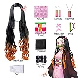 JYakeji 11 pcs Nezuko Cosplay Costume Kimono for Adult Girls Robe Japanese Anime Costume Halloween Kimono Outfit With Wig (Kid-120cm)