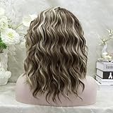 IMSTYLE Synthetic Lace Front Wigs: Brown Highlight Ash Blonde Wig, Short Bob Curly Wigs Synthetic Hair 16 Inches Wig Free Part with Natural Hairline Shoulder Length for Women (Blonde Brown)