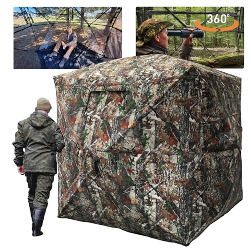 FUNHORUN Hunting Blind with Floor Mat, 360 Degree See Through Ground Blind with Carrying Bag, 3/4 Person Pop Up Camouflage Tent Portable Concealed Shelter