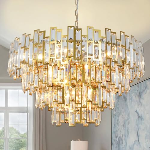 ANTILISHA Gold Crystal Chandelier Lighting Foyer Hall Entry Way Chandeliers Light Fixture for High Ceiling Sloped Pendant Hanging French Empire Style Round Large