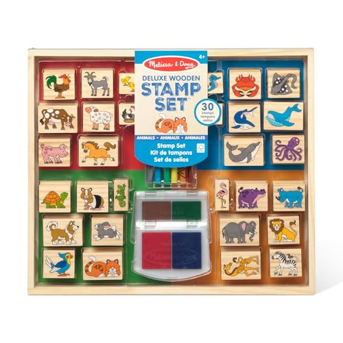 Melissa & Doug Deluxe Wooden Stamp Set: Animals - 30 Stamps, 6 Markers, 2 Stamp Pads Kids Art Projects, Wooden Stamps With Washable Ink, For Kids Ages 4+