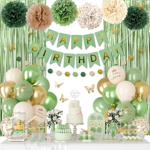 Sage Green Birthday Decorations, Olive Green Gold Metallic Printed Balloons Butterfly Stickers Fringe Curtain Happy Birthday Banner Circle Dots Paper Pompoms for Women Girls Boys Party Decor Supplies