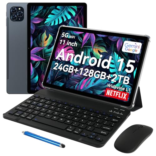 TABWEE Tablet 11 Inch Android 15 Tablets T90, 1920 * 1200 FHD Display, 24GB RAM 128GB ROM /2TB TF, T615 Octa-Core+13MP Camera, 8000mAh, Widevine L1, 2 in 1 Tablet with Keyboard Mouse Stylus, Gray