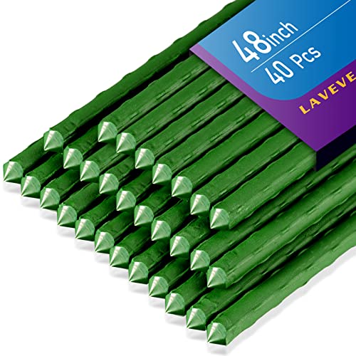 LAVEVE Garden Stakes 48 Inches Heavy Duty Steel Tomato Stake, Plastic Coated Support for Securing Trees, Climbing Plants, Cucumber, Beans, Pack of 40