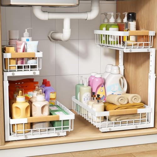 PXRACK 2 Pack Under Sink Organizer,Adjustable Height,2 Tier Pull Out Under Cabinet Organizer,Slide Out Thickened Metal Under Sink Storage for Kitchen Bathroom Laundry Cabinet Pantry,White