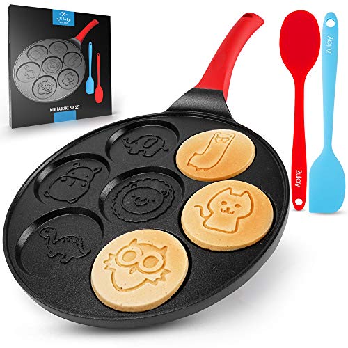 Zulay Kitchen Pancake Pan - 7 Animal Face Designs & 2 Bonus Spatulas - Round Ceramic Nonstick Surface & Comfortable Handle - Mini Pancake Griddle