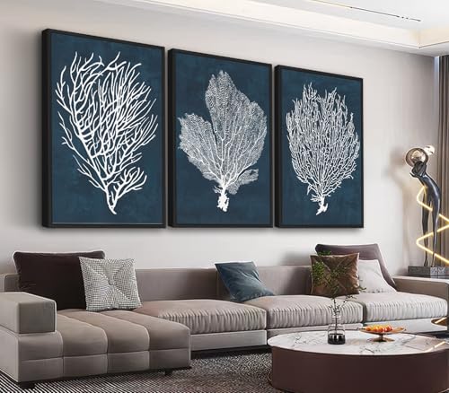 Large Framed Coral Wall Art - Navy Blue Coastal Wall Decor Painting 20"x28" Set of 3 Minimalist Beach Wall Art Prints Rustic Ocean Coral Canvas Pictures for Living Room Bedroom Office Artwork