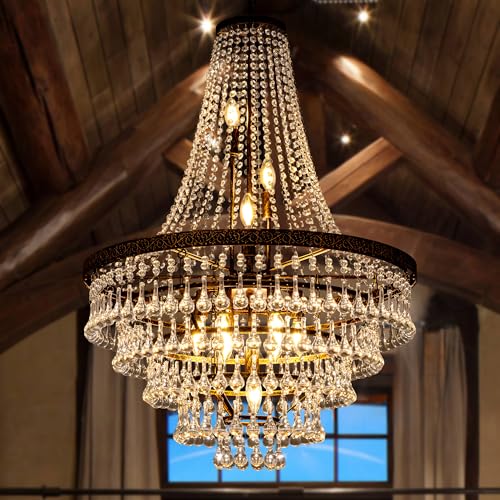Wellmet French Empire Crystal Chandeliers, Antique Bronze Chandeliers 10 Lights, Rustic Farmhouse Chandelier High Ceiling Light Fixture for Entryway, Foyer, Dining Room, Staircase, 28" W