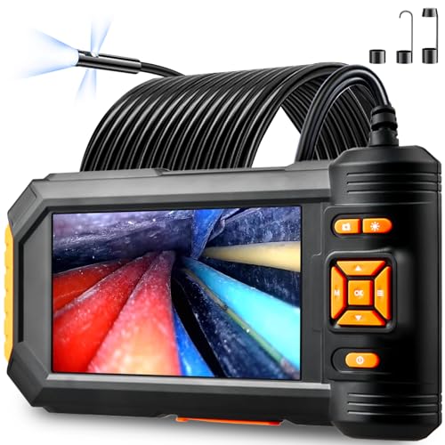 Triple Lens Endoscope Camera with Light - 32FT Semi-Rigid Cable 5" IPS Screen Borescope Camera with Light,1080P HD Drain Camera Snake Sewer Camera with 8 Adjustable LED Lights,Gadgets for Men