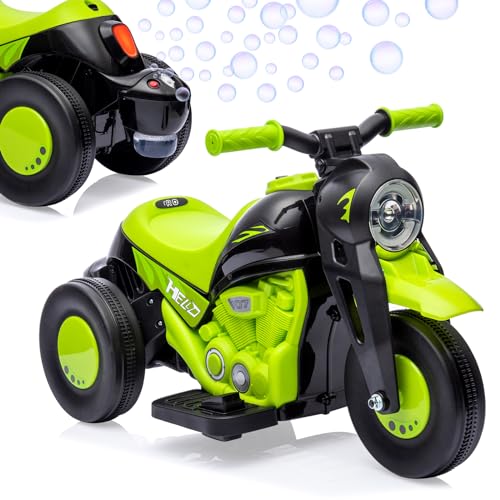 6V Bubble Motorcycle Ride on Toy Car for Kids, Kids Motorcycle with Bubble Function w/Music, LED Headlights, Forward/Reserve, Pedal, 3 Wheels Ride on Motorbike for Kids 3-8, Green
