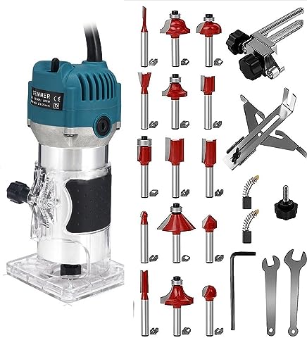 110V Router Tool, 800W Wood Trim Router, 30000RPM Electric Hand Trimmer, Palm Router with 15x 1/4” Router Bits & 2x Trim Guides for Woodworking Tools, Adjustable Base Height w/Scale