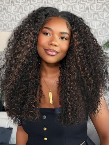 TENACOO Highlight Brown Glueless Curly Wig Dark Brown mix Light Deep Wave Synthetic Lace Front Wig 24 Inch 4x1 Lace Closure Ombre Brown Long Curly Wigs for Black White Women (HL Brown-24 Inches)