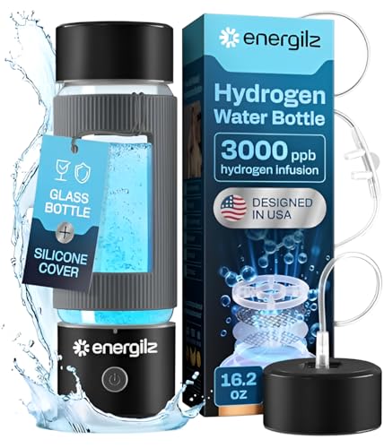 Energilz Hydrogen Water Bottle | Large 16.2 oz (480 ml) Hydrogen Water Bottle Generator 3000ppb | Hydrogenator Machine | SPE/PEM Hydrogenated Ionizer Generator (Black w/Gray)