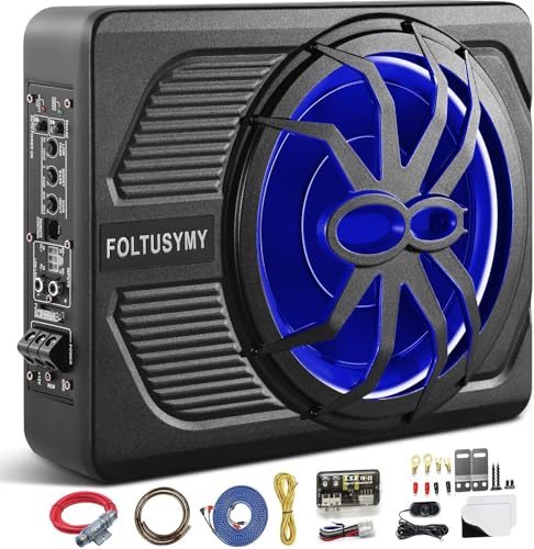 FOLTUSYMY 2025 Advanced 10" 1000W Slim Under Seat Powered Car Subwoofer, High/Low Level Input, Car/Truck Audio Sub Built-in Amplifier amp Combo Package, with Blue LED Light