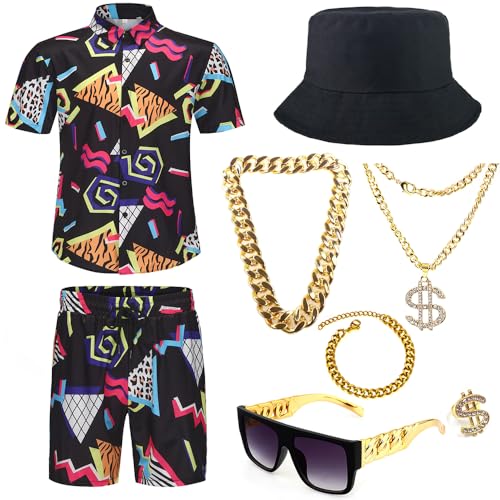 Gionforsy 80s 90s Hip Hop Outfit Accessories Set for Men Rapper Rocker Accessories Bucket Hat Sunglasses Gold Chain Bracelet (Black, Medium)