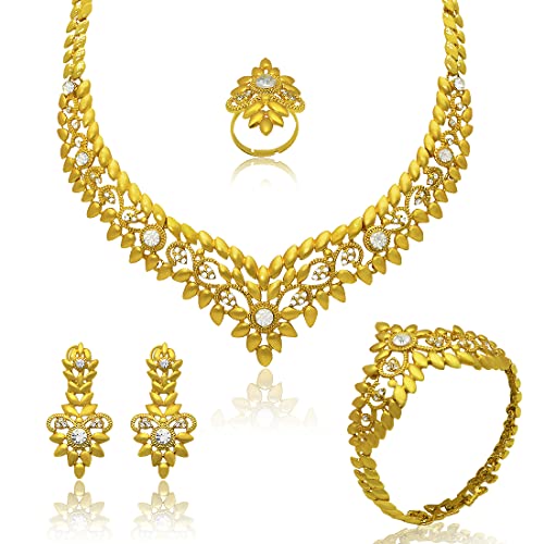 Africa Women Necklace Jewelry Set 24K Gold Plated India Dubai Nigeria Bridal Wedding Fashion Gold Jewelry Necklace Bracelet Earrings Ring 4 Piece Set