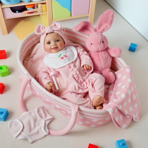 BABESIDE 8 Pcs Reborn Baby Doll Clothes with Bassinet for 17-22 Inch Baby Dolls, Baby Doll Accessories and Doll Clothes Outfit fit Newborn Baby Doll Girl, Babies Pretend Play Set (Not Doll)