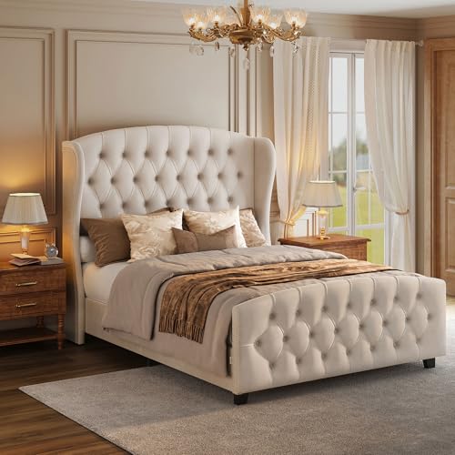 VASAGLE Queen Bed Frame with Tall Headboard, Upholstered Platform Bed Frame Queen Size, with Wingback Tufted Headboard and Footboard, Wooden Slats, No Box Spring Needed, Cappuccino Beige URMB881W01