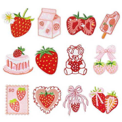 12Pcs Strawberry Iron on Patches Cute Fruit Cake Bow Sew on Repair Embroidered Applique Pink Red Coquette Aesthetic Girly Style DIY Craft Accessories Gifts for Preppy Girls Women Clothing Backpack Hat