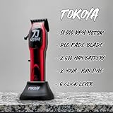 TOKOYA Katana Professional Barber Cordless Hair Clipper | 10000 RPM Magnetic Microchipped Motor | DLC Zero Gapped Fade Blade | Rechargable Hair Clippers for Men (red/Black)