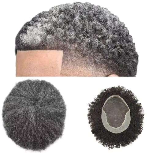 Afro Curl Toupee for Black Men Human Hair Swiss Lace Gray Hair Units for Black Men Hair System Bleached Knot Natural Hairline African American Hairpiece 6MM Afro Wave #1B30#1B OFF BLACK+30% GREY 8x10