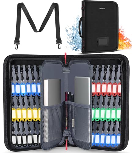 PEKREWS Key Organizer Case, Fireproof & Waterproof Key Bag with 54 Key Tags, Portable Zippered Key Storage Box for Estate Sales, Hotels, Office, Property Management, Handle & Shoulder Strap Included