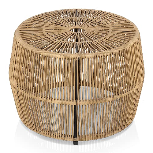 Muse & Lounge Co. Ysar Boho Rattan Round Coffee Table Outdoor with Metal Frame, All-Weather and Rust Resistant, Handcrafted Coastal Furniture for Patio, Poolside, Garden, Yard, Natural Brown