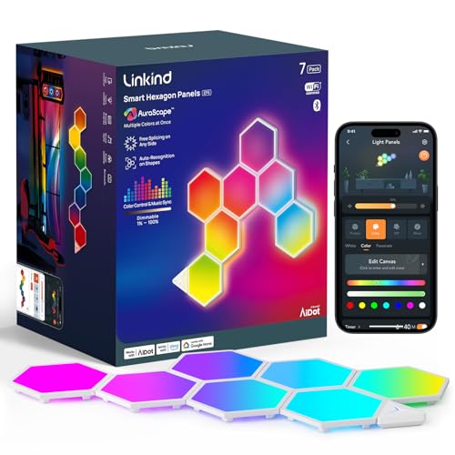 Linkind Smart Hexagon Lights, RGB LED Wall Light Panels with Music Sync, Gaming Light Compatible with Alexa and Google Home, DIY Wall Decor for Gaming Room, Home Theater, Bedroom, 7 Pack