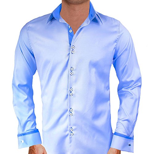 Light Blue with Dark Blue French Cuff Designer Dress Shirts - Made in USA (XXL Modern Fit)