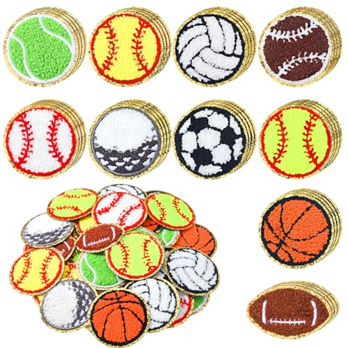 Solsew 40 Pack Ball Sports Chenille Cheer Iron on Patches Ball Sticker with Gold Edges Soccer Volleyball Basketball Baseball Softball Iron on Patches for Hat Pants Clothing(Multiple)