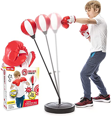 Whoobli Punching Bag for Kids Incl Boxing Gloves | 3-10 Years Old Adjustable Kids Punching Bag with Stand | Boxing Bag Set Toy for Boys & Girls (Red White); New 2025