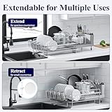 Kitsure Large Dish Drying Rack - Extendable Dish Rack, Multifunctional Dish Rack for Kitchen Counter, Anti-Rust Drying Dish Rack with Cutlery & Cup Holders 19.2"-26.7" L x 12.9" W, Sliver