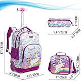 Egchescebo Kids Rolling Backpack for Girls Unicorn Childrens Luggage with Wheels Toddler Travel Suitcase Backpacks Girl Kid Lunch Bookbag Escolares Elementary Mochila con Ruedas para Niñas Purple