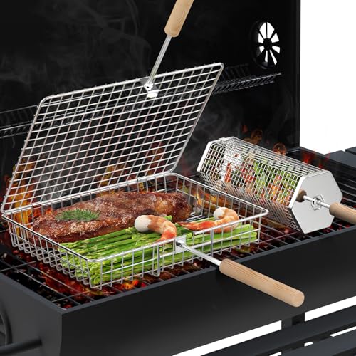 Ivtivfu Grill Basket Set (Rectangular+Hexagon), Removable Wooden Handle, 304 Stainless Steel, Rolling Grilling Net, BBQ Accessories Tools for Vegetables Shrimp, Outdoor Cooking Camping, Birthday Gifts for Men Dad Husband