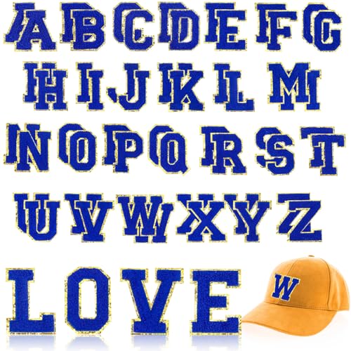 WILLBOND 52 Pcs Chenille Letter Patches Bulk Self Adhesive Chenille Letters for Backpacks Embroidered Applique Patch for Clothing Hats Bags Mother's Day St Patricks Day Easter(Dark Blue)