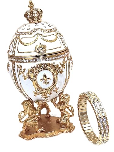 Faberge Egg Jewelry box style 24k GOLD Russian Egg 5ct HANDMADE Jewelled Lions Coronation 200 Handset Crystal Diamonds 6.5" Faberge Trinket Box Fabergé egg matching Diamond bracelet 2ct