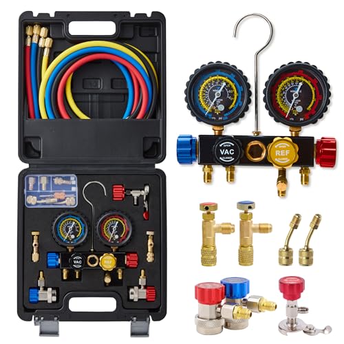 WISSCOOL AC Gauge Set R410a R134a R22, Automotive 4 Valve AC Manifold Gauge with 5ft Hoses, Quick Couplers, Adapters, Puncturing Can Tap Tools for R410a Refrigerants Charging and Evacuation