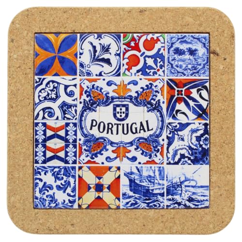 Portuguese Cork & Ceramic Tile Trivet with Multicolor Azulejo and Portugal Crest Design